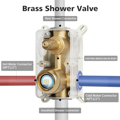 Gabrylly Shower System Gold, Rainfall Shower Faucet Set Complete, 12" High-Pressure Stainless Steel Rain Showerhead with handheld Shower Spray Combo, 2 Way Valve Included, Brushed Gold