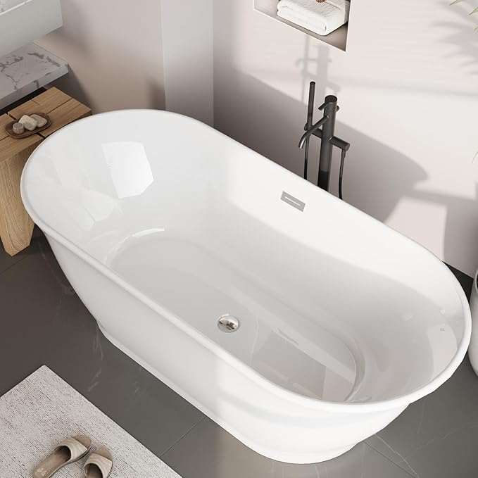 Freestanding Bathtub, 67 Inch Acrylic Soaking Tub, Elliptical Design with Chrome Drain & Overflow, White Finish for Contemporary Bathrooms