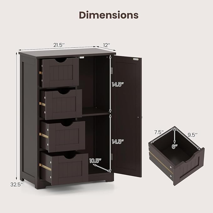 Giantex Bathroom Storage Cabinet with Drawers - 4 Drawer Storage Organizer w/Cupboard, Adjustable Shelf, Anti-Toppling Device, Entryway Storage Unit Console Table, Bathroom Floor Cabinet (Brown)