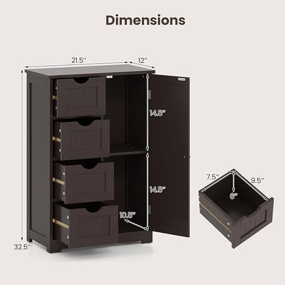 Giantex Bathroom Storage Cabinet with Drawers - 4 Drawer Storage Organizer w/Cupboard, Adjustable Shelf, Anti-Toppling Device, Entryway Storage Unit Console Table, Bathroom Floor Cabinet (Brown)