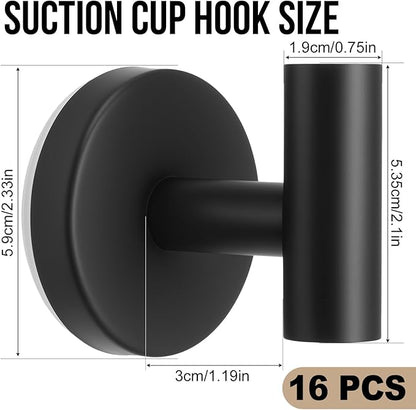 Suction Cup Hook for Shower, 16 Pack Wall Mount Towel Holder, Removable Towel Hook - Stainless Steel No Drill Hook for Bathroom Window Glass Door Wall Home Kitchen Matte Black