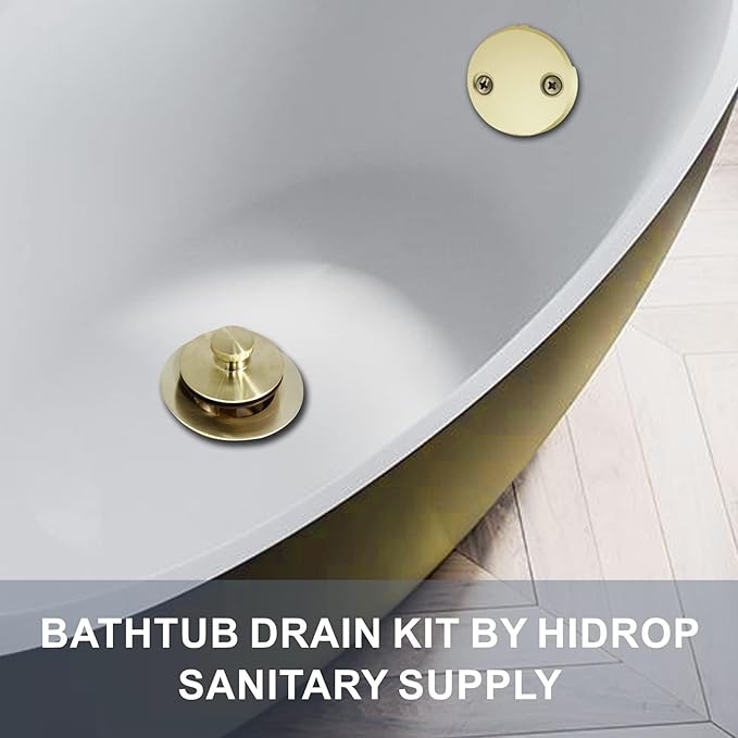 Gold Brushed tub Drain Lift &Turn Tub Trim Set with Two-Hole Overflow Faceplate Conversion Kit Assembly, Hidrop Bathtub Drain Replacement Trim Kit and Universal Fine/Coarse Thread, Gold Brushed