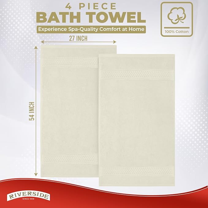 RIVERSIDE 100% Ring Spun Cotton Large Bath Towels Set of 4, 27 x 54 Inches – Quick Dry, Soft & Highly Absorbent Towels for Shower & Bathroom – Luxury 600 GSM Towels for Home, Spa, Gym, Cannoli Cream