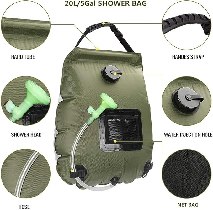 Solar Shower Bag, 5Gal(20L) Portable Solar Heating Camping Shower Bag,with Removable Hose and On-Off Switchable Shower Head,for Outdoor Traveling/Climbing/Hiking/Beach/Swimming
