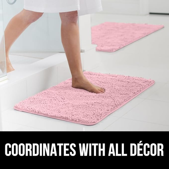 GORILLA GRIP Bath Rug Mat 30x20, Soft Absorbent Chenille, Quick Dry Microfiber Mats, Rubber Backing Washable Shower Floor Rugs, Bathmat Runner, US Designed Bathroom Home Decor Accessories Light Pink