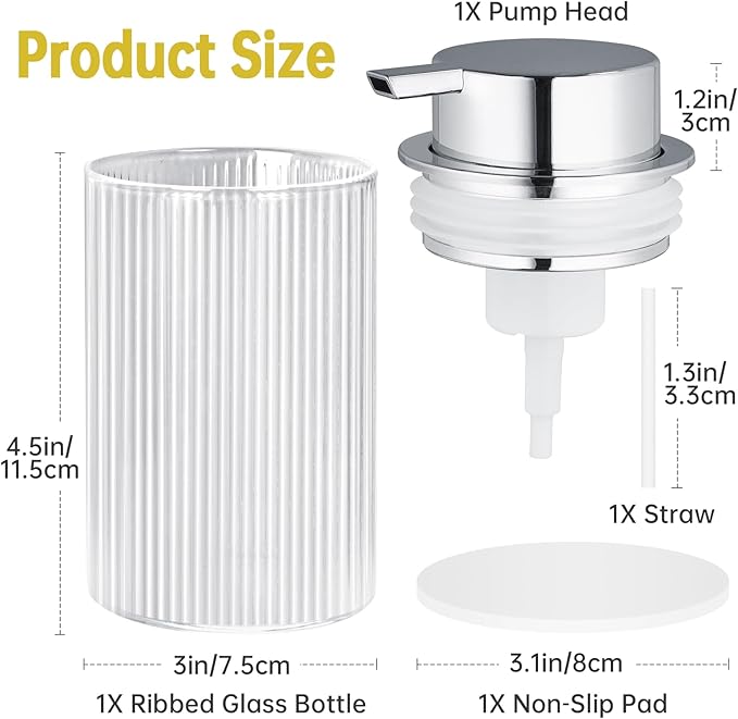 NiHome 14oz Ribbed Glass Foaming Hand Soap Dispenser, High-Capacity Easy to Refill for Home & Commercial Use, Clear Foaming Soap Dispenser for Bathroom, Kitchen with Large Foam Pump & Non-Slip Mat