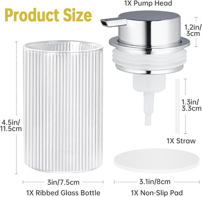 NiHome 14oz Ribbed Glass Foaming Hand Soap Dispenser, High-Capacity Easy to Refill for Home & Commercial Use, Clear Foaming Soap Dispenser for Bathroom, Kitchen with Large Foam Pump & Non-Slip Mat