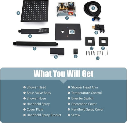 Aolemi Ceiling Mount Shower System Rain Shower Head with Handheld Spray High Pressure Shower Faucet Set Rough-in Valve Shower Trim Kit Included Bathroom Matte Black 10 Inch Ceiling Shower Head
