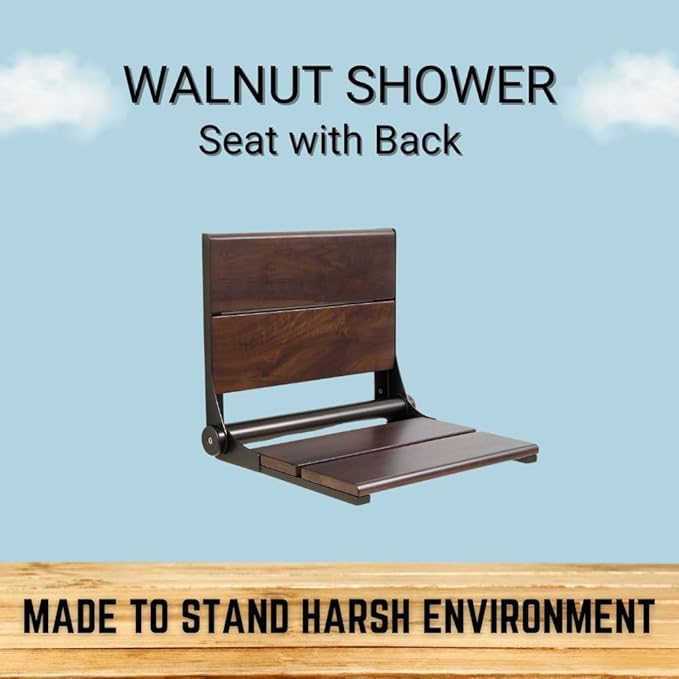 Walnut Shower Seat - Contour Wood / Folding Wall Mount Bench for Inside Shower / ADA Safety Aid / 304 Stainless Steel / Matte Black / 26" x 16"