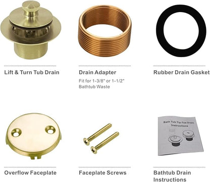 Gold Brushed tub Drain Lift &Turn Tub Trim Set with Two-Hole Overflow Faceplate Conversion Kit Assembly, Hidrop Bathtub Drain Replacement Trim Kit and Universal Fine/Coarse Thread, Gold Brushed