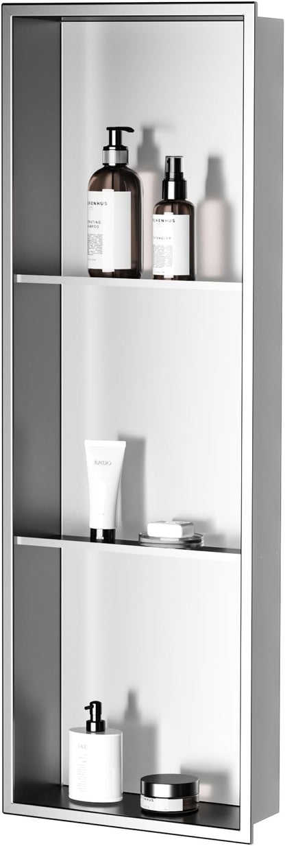 Neodrain12X36 Inch Shower Niche, Brushed 3-Tier Stainless Niches No Tile Needed Bathroom Wall Niche for Shower Storage Waterprooof, Recessed in Wall