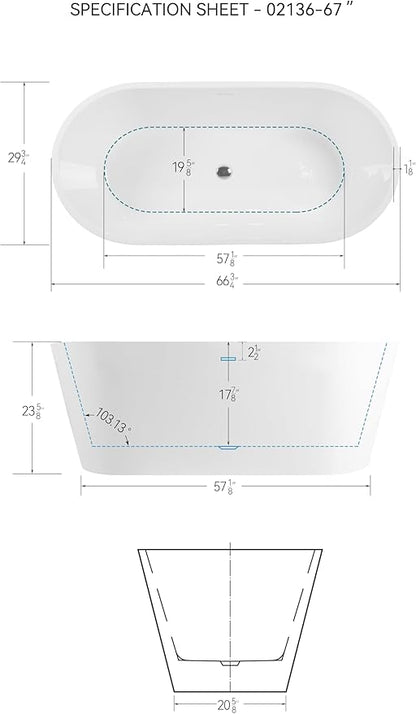 FerdY 67" Shangri-La Elite, Acrylic Freestanding Bathtub, Modern & Contemporary Design Soaking Tub with Chrome Pop-Up Drain and Minimalist Design Overflow, Glossy White, cUPC Certified