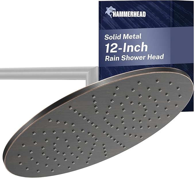HammerHead Showers® Solid Metal 12 Inch Rainfall Shower Head, Large Rain Shower Head, 2.5 GPM High Flow Shower Head Optimized for Pressure, Wall-Mounted or Ceiling Rain Shower Head, Oil Rubbed Bronze