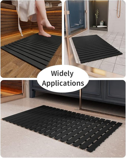 Shower-Mat Non Slip, PADOOR Heavy Duty Bathtub-Mat Curlable Quick Drain Sturdy Bath Tub Mat Without Suction Cups for Indoor Outdoor Use 17x36 Inch Black
