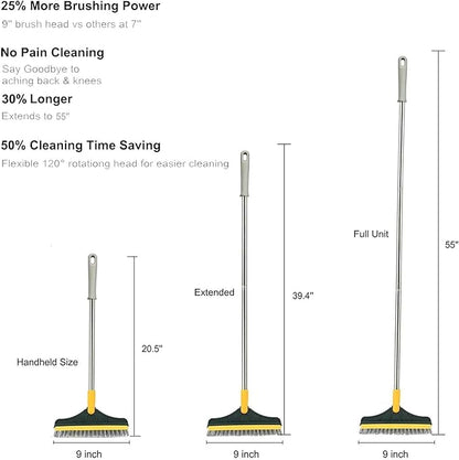 2 in 1 Cleaning Floor Scrub Brush Floor Brush Scrubber New Upgraded 53.5" Long Handle Grout Brush Scrape V-Shape Stiff Bristle Cleaning Brush with Squeegee 120°Rotating Tile Brush for Bathroom