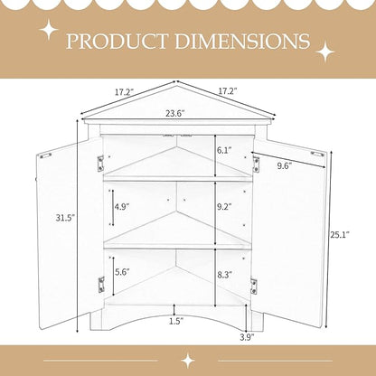 Corner Storage Cabinet with Adjustable Shelves, Triangle Bathroom & Kitchen Organizer, Freestanding Floor Cabinet for Toilet Kitchen Bathroom Cleaning Supplies (White)
