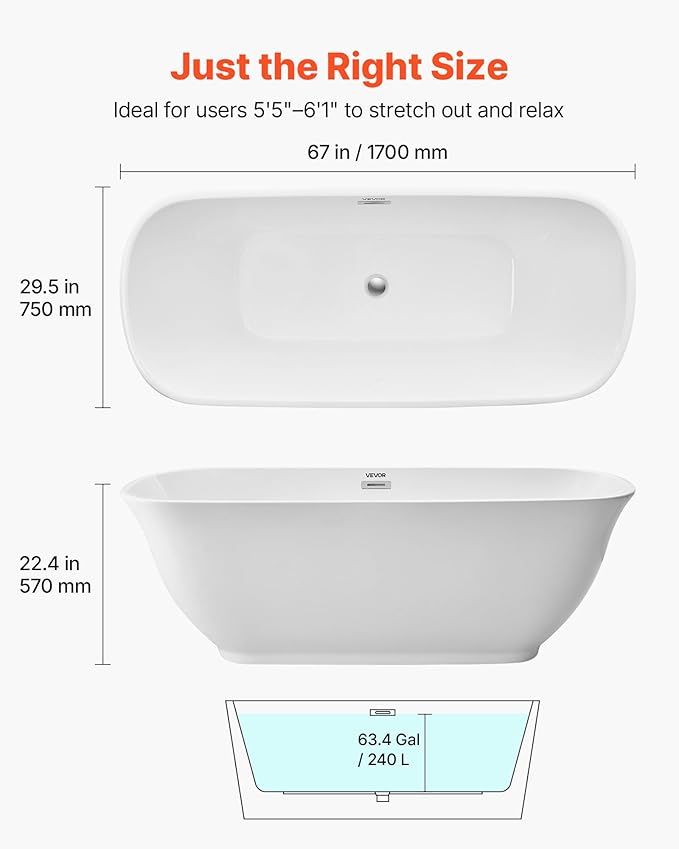 VEVOR Acrylic Freestanding Bathtub, 67 Inch Contemporary Soaking White Tub with Polished Chrome Overflow and Drain, Elegant Oval Shape Stand Alone Soaker Tub for Modern Bathroom or Remodel Projects