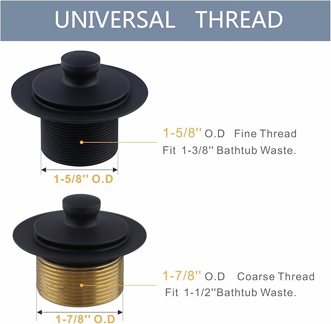 Black tub Drain Lift &Turn Tub Trim Set with Two-Hole Overflow Faceplate Conversion Kit Assembly, Hidrop Bathtub Drain Replacement Trim Kit and Universal Fine/Coarse Thread, Matte Black