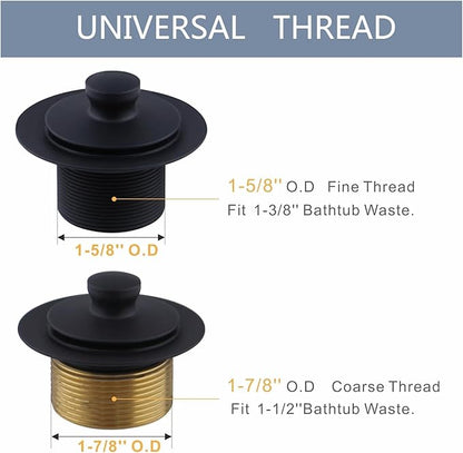 Black tub Drain Lift &Turn Tub Trim Set with Two-Hole Overflow Faceplate Conversion Kit Assembly, Hidrop Bathtub Drain Replacement Trim Kit and Universal Fine/Coarse Thread, Matte Black