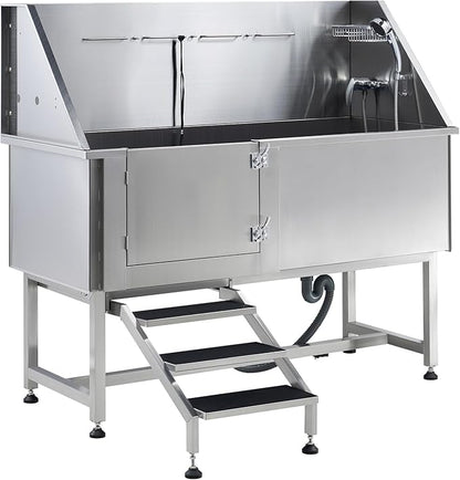 Albott 60 Inch Stainless Steel Dog Washing Station with Anti-Slip Steps, Sprayer, Faucet, Soap Box & Tow Rope – Professional Pet Bathtub for Large Dogs, Great for Home, Garage or Grooming (Left)