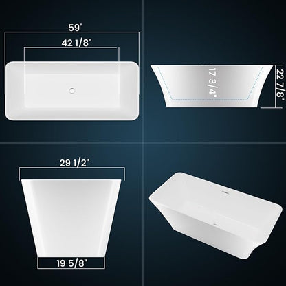 59 in Acrylic Freestanding Bathtub, Deep Soaking Tub with Non-Slip Base, cUPC Certified Free Standing Tub, Chrome Drain Bath Tub, Modern Tub for Bathrooms, White
