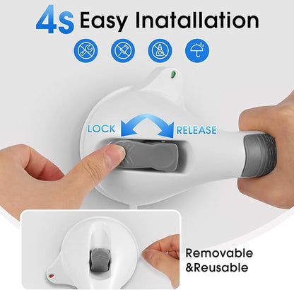 Suction Grab Bar with Safety Indicator for Bathtub Shower Bathroom, Heavy Duty Handrail Removable Reusable for Elderly Disabled and Kids, Anti-Slip Grip, No Drilling Tool Free, Waterproof Grey