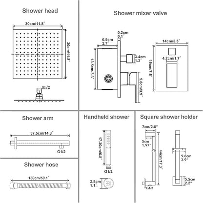 Hoimpro 12 Inch Matte Black Shower System with Adjustable Slide Bar, Square Rain Shower Head and Wand Wall Mounted, Rainfall Shower Faucet Fixture Combo Set, 2 in 1 Handheld Showerhead for Bathroom
