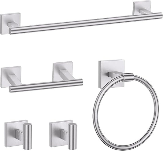 TURS Brushed Nickel 5 Piece Bathroom Hardware Accessories Set, SUS304 Stainless Steel Bath Towel Bar Set, 24 Inch Round Bathroom Accessories Kit Wall Mounted