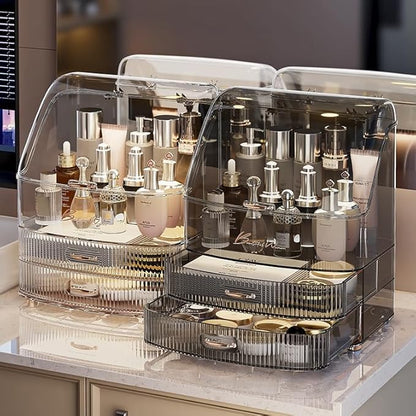 Makeup Organizer Countertop Vanity with Transparent Lid Drawers Waterproof Dustproof Cosmetic Skincare Bathroom Storage Gift for Women Teens Girls (Clear Black)