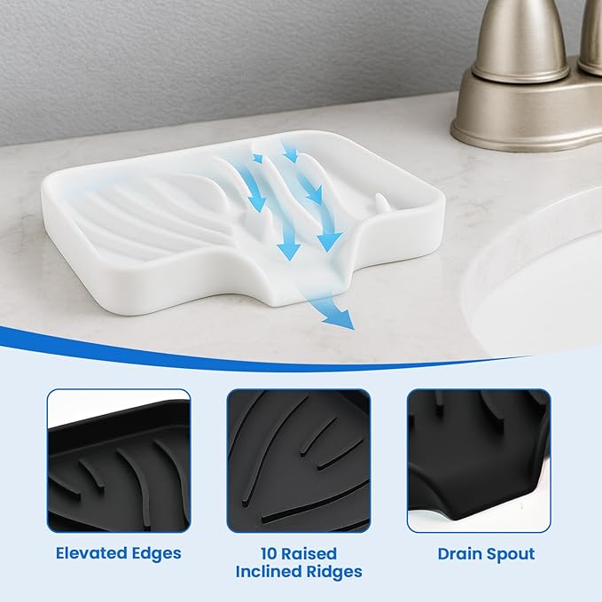3 Pack Silicone Soap Dish with Drain - Bar Soap Holder for Shower, Bathroom and Kitchen Sink Organize (2Pack Black + 1Pack White)