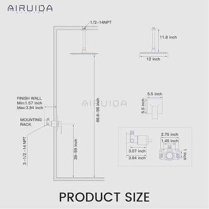 Airuida Shower Faucet Set and Handle Set Single Function Shower Trim Kit Ceiling Mount Rainfall Shower System with Male Threads and Rough-in Valve 12 Inch Square Shower Head Brushed Gold
