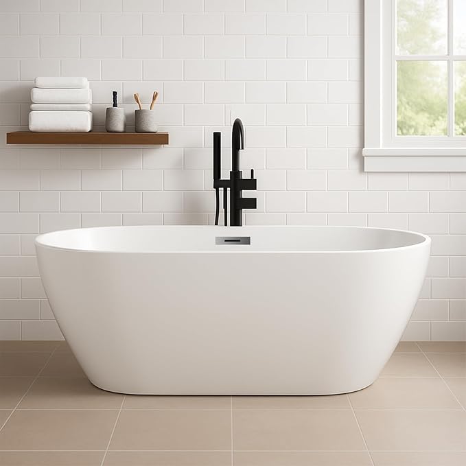 67 in Acrylic Freestanding Bathtub, Contemporary Stand Alone Tub,Glossy White Soaking Tub, Oval Bathtub with Chrome Overflow and Drain, CUPC Certified