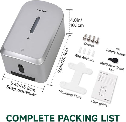 Commercial Automatic Soap Dispenser Large 34oz/1000ml Capacity Wall-Mounted Touchless Liquid Dispenser for High-Traffic Restrooms, Offices, Hospitals Model AD1220S Silver