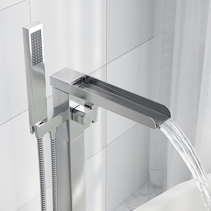 Freestanding Bathtub Faucet, Floor Mount Bathtub Faucet with 2 Water Outlet Modes, Swivel Gooseneck Spout with Hand Shower,Single Handle, Max Flow Rate 7.4 GPM (Waterfall-Brushed Nickel)