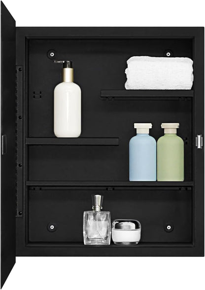 Fundin Black Medicine Cabinet with 16 x 20 Beveled Mirror & Adjustable Staggered Shelves, Recessed or Surface Mount Bathroom Medicine Cabinet