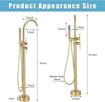 Floor Mount Bathtub Faucet，Freestanding Tub Faucet ，High Flow Dual Function 360 Degree Rotating Tube and Handheld Water Outlet (Brushed Gold)