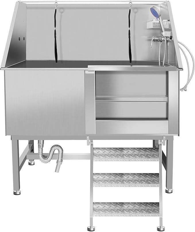 50 Inch Professional Dog Wash Station, Stainless Steel Dog Grooming Tub for Large, Medium & Small Pets - with Anti-Slip Stairs, Drain & Door, Silver