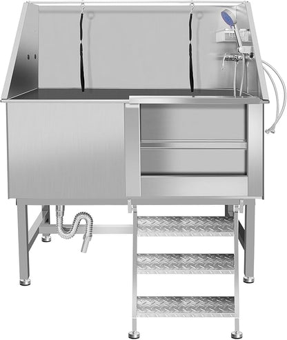 50 Inch Professional Dog Wash Station, Stainless Steel Dog Grooming Tub for Large, Medium & Small Pets - with Anti-Slip Stairs, Drain & Door, Silver