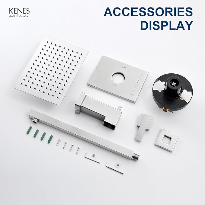 KENES Brushed Nickel Tub Shower Faucet Set Complete, Tub and Shower Trim Kit with 10-Inch Rain Shower Head, Square Shower System, KE-6024A (Shower Valve Included)