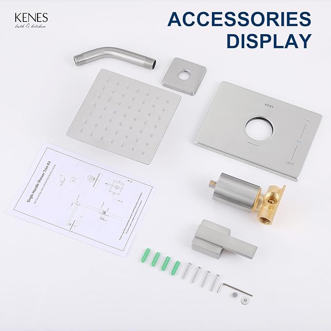 KENES Brushed Nickel 6-Inch Shower Head and Handle Set, Square Shower Faucet Set Bathroom Rainfall Shower System Wall Mount, KE-6025B (Shower Valve Included)