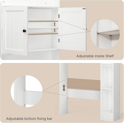 Ahomly Over The Toilet Storage Cabinet, 32.3" W Over Toilet Bathroom Organizer with Doors, Adjustable Shelves, Toilet Paper Holder, 2 Side Hooks, Space-Saver for Bathroom, Laundry, White