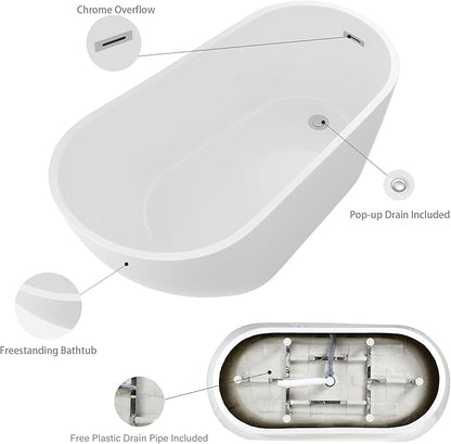 Logmey 59 Inch White Acrylic Freestanding Bathtub with Overflow Oval Shape Soaking Tub with Chrome Drain Assembly for Modern Classic Bathrooms
