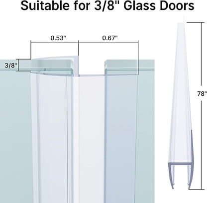 AmazerBath Shower Door Side Seal Strip (Set of 2), Frameless Glass Shower Door Seal Strip - Suitable for 3/8 Inch Glass, 78 inch