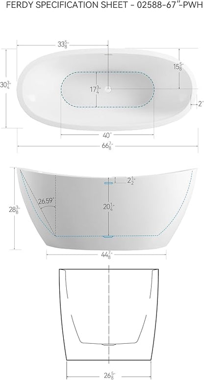 FerdY Naha 67" Freestanding Bathtub, Curve Edge Soaking Bathtub with Polished White Drain and Minimalist Linear Design Overflow, Easy to Install