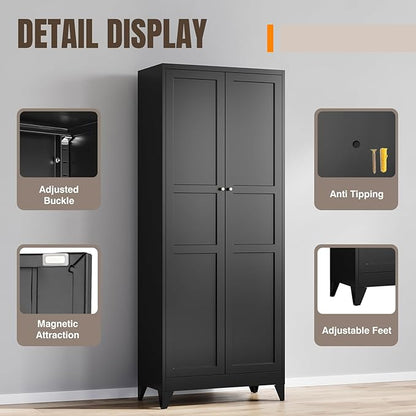 Yizosh Metal Pantry Cabinet, 75" Kitchen Pantry with 2 Door and 4 Adjustable Shelves,Black Metal Pantry Storage Cabinet,Cupboard for Kitchen,Dining Room,Living Room and Bathroom