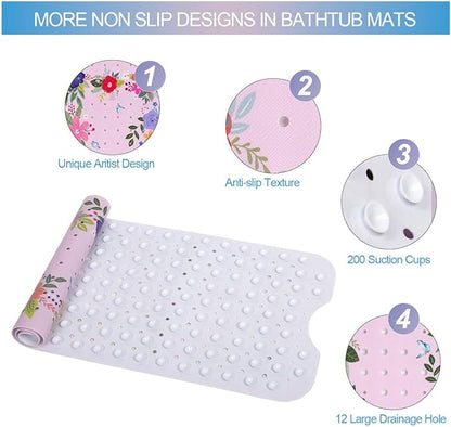 Pink Floral Bathtub Mat Non Slip for Kids 40x16in Extra Long Anti Slip Flower Bath Mat for Tub Bath Shower Mat with Large Drain Holes and Suction Cups Quality Modern Art Plant Design Bathroom Decor