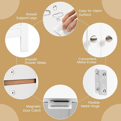 COSTWAY Bathroom Floor Cabinet, Wooden Side Storage Organizer w/Larger Drawer, Adjustable Shelf & 2-Door Cupboard, Freestanding Storage Cabinet for Living Room, Kitchen, Entryway (White)