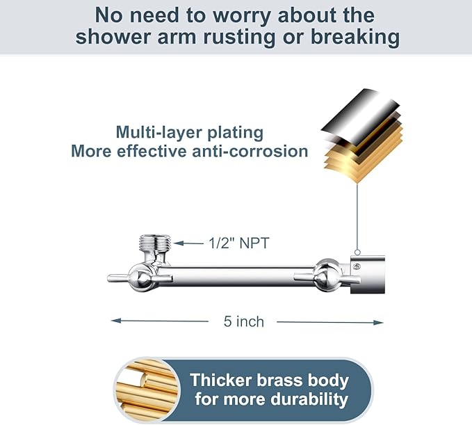 BRIGHT SHOWERS Brass Shower Arm Extender for Rain and Handheld Shower Head, 5 Inch Universal Shower Head Extension Arm, Height & Angle Adjustable, Chrome