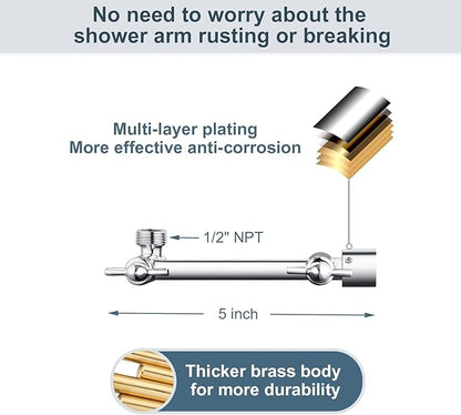 BRIGHT SHOWERS Brass Shower Arm Extender for Rain and Handheld Shower Head, 5 Inch Universal Shower Head Extension Arm, Height & Angle Adjustable, Chrome