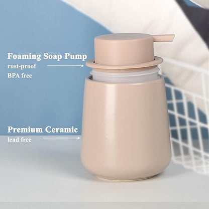 BosilunLife Foam Hand Soap Dispenser - 12 oz Bathroom Lotion Pump for Kitchen and Hand Wash - Khaki Ceramic Dish Liquid Dispenser